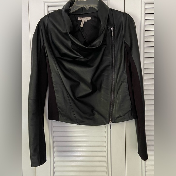 BCBGeneration Black Leather Cropped Jacket Stretchy Knit Cowl Neck Size M - Picture 1 of 10